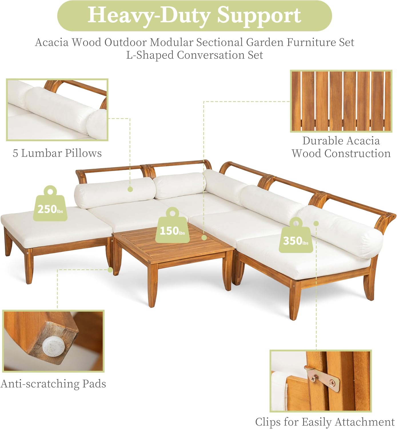Merax 6 Pieces Patio Furniture Set, Outdoor L-Shaped Sectional Sofa Set with Coffee Table, Acacia Wood Conversation Seating & Cushions and Lumbar Pillows, for Garden, Poolside and Backyard, Teak+Beige