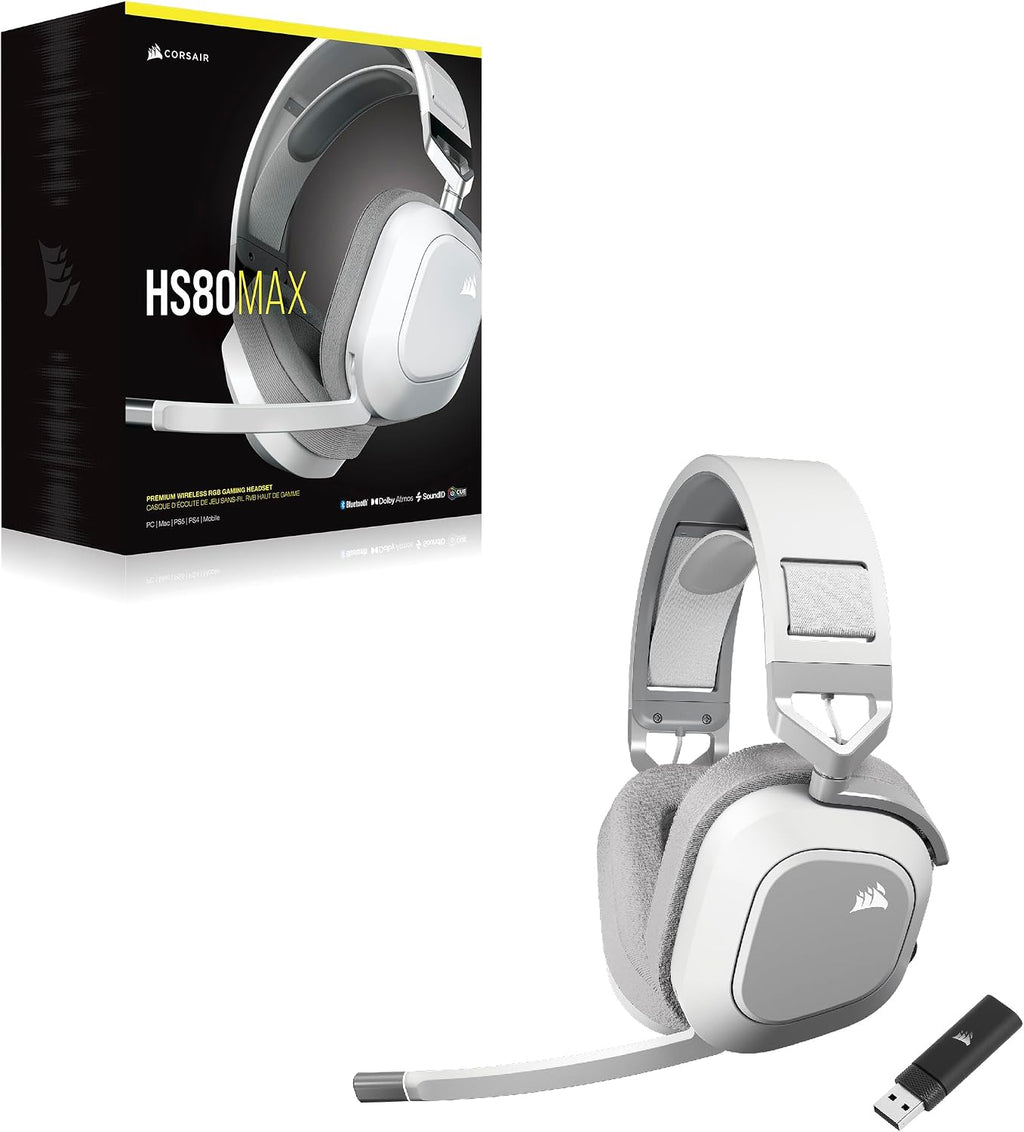 Corsair HS80 MAX Wireless 2.4GHz Bluetooth Gaming Headset – Low Latency, Dolby Atmos, SonarWorks SoundID, Broadcast Quality Microphone, High Battery Life – PC, Mac, PS5, PS4, Mobile – White