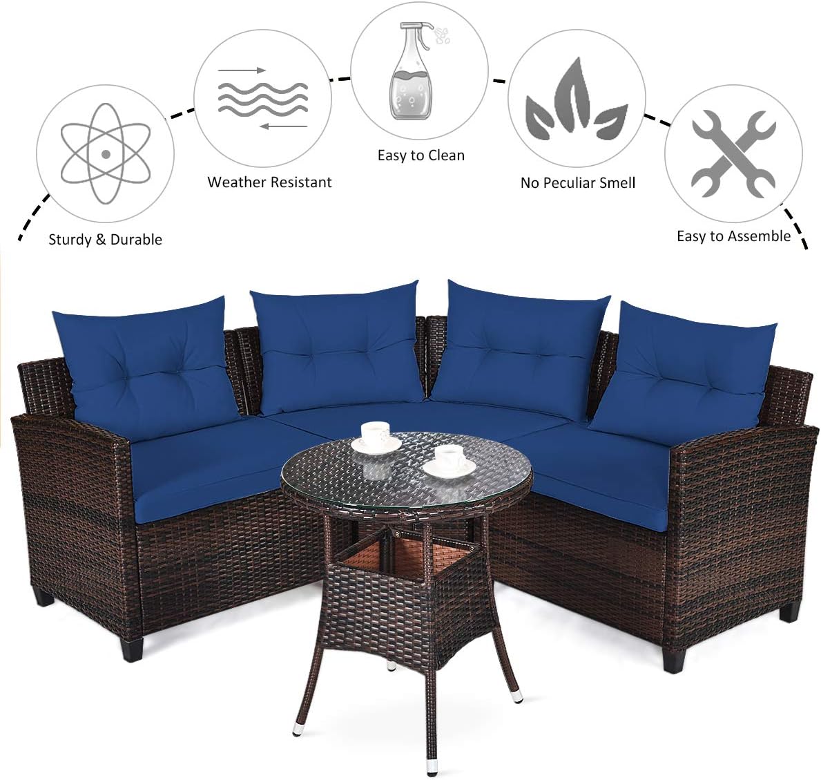 Tangkula 4-Piece C Shape Patio Furniture Set, Outdoor Corner Wicker Rattan Sectional Cushioned Sofa Set, with Glass Coffee Table, for Garden Poolside Balcony (Navy Blue)
