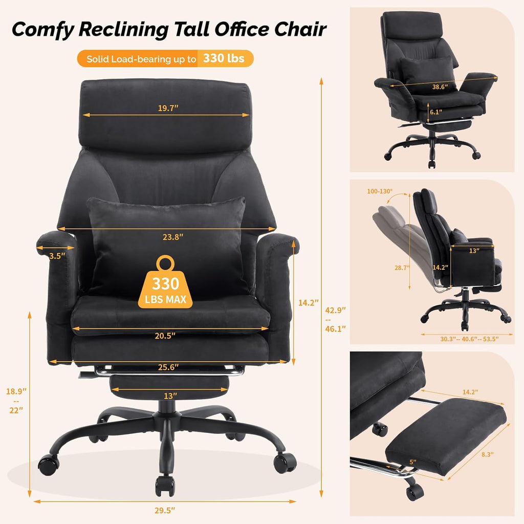 VINGLI 100-130° Reclining Tall Office Chair with Foot Rest & Adjustable Armrests, Ergonomic Criss Cross Chair with Wheels & Headrest, Comfy Wide-Seat Gamer Chair for the Heavy, Microfiber, Black