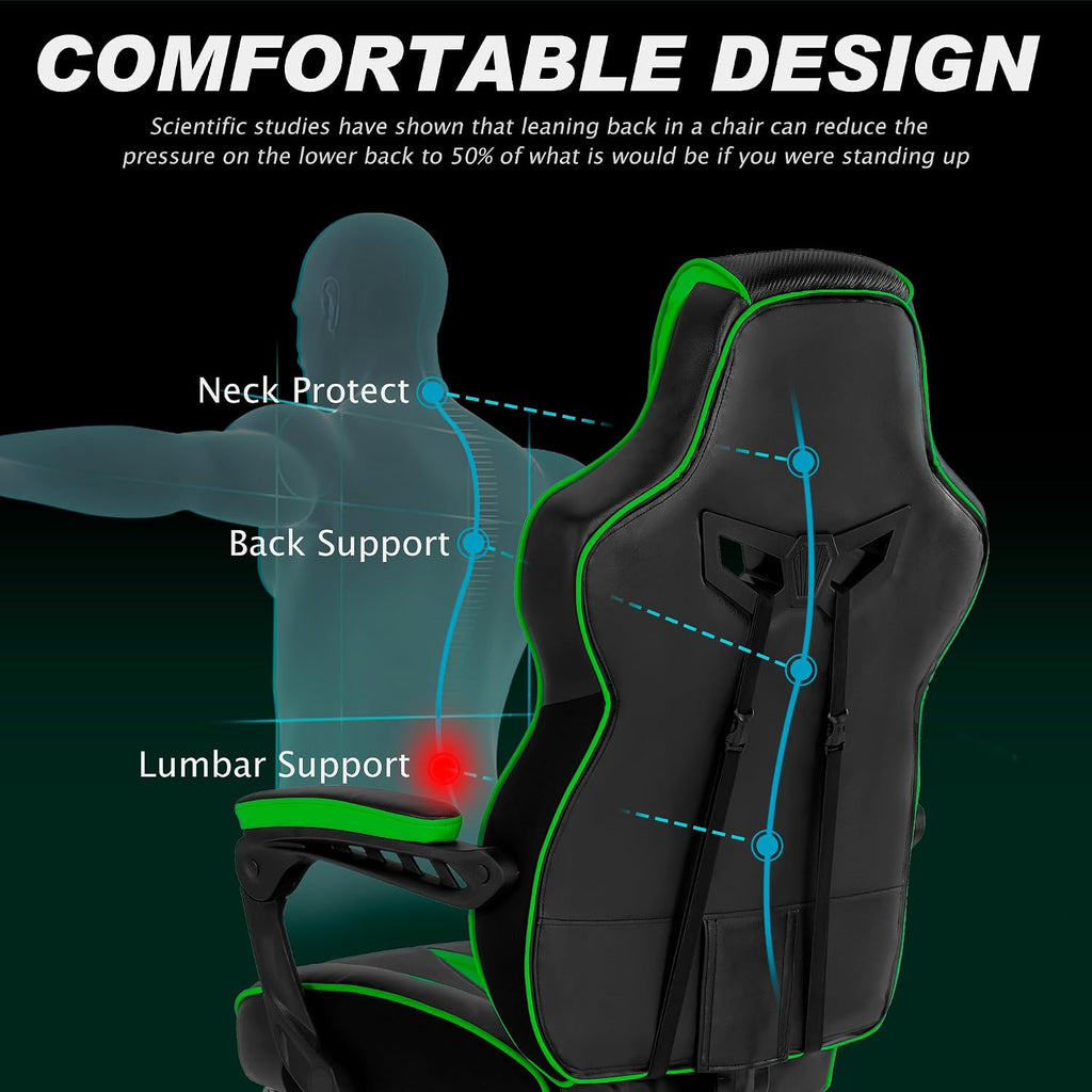 Vonesse Gaming Chair with Footrest, Big and Tall Gamer Chair with Massage, Reclining Computer Gaming Chair for Adults, Ergonomic Game Chair for Teens, High Back Video Game Chairs(Green/Black)