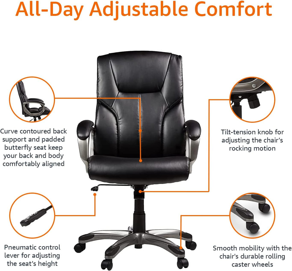 Amazon Basics Executive High Back Office Chair, Adjustable Height, Tilt, Swivel, Padded Seat, Bonded Leather, Wheels, Black/Silver