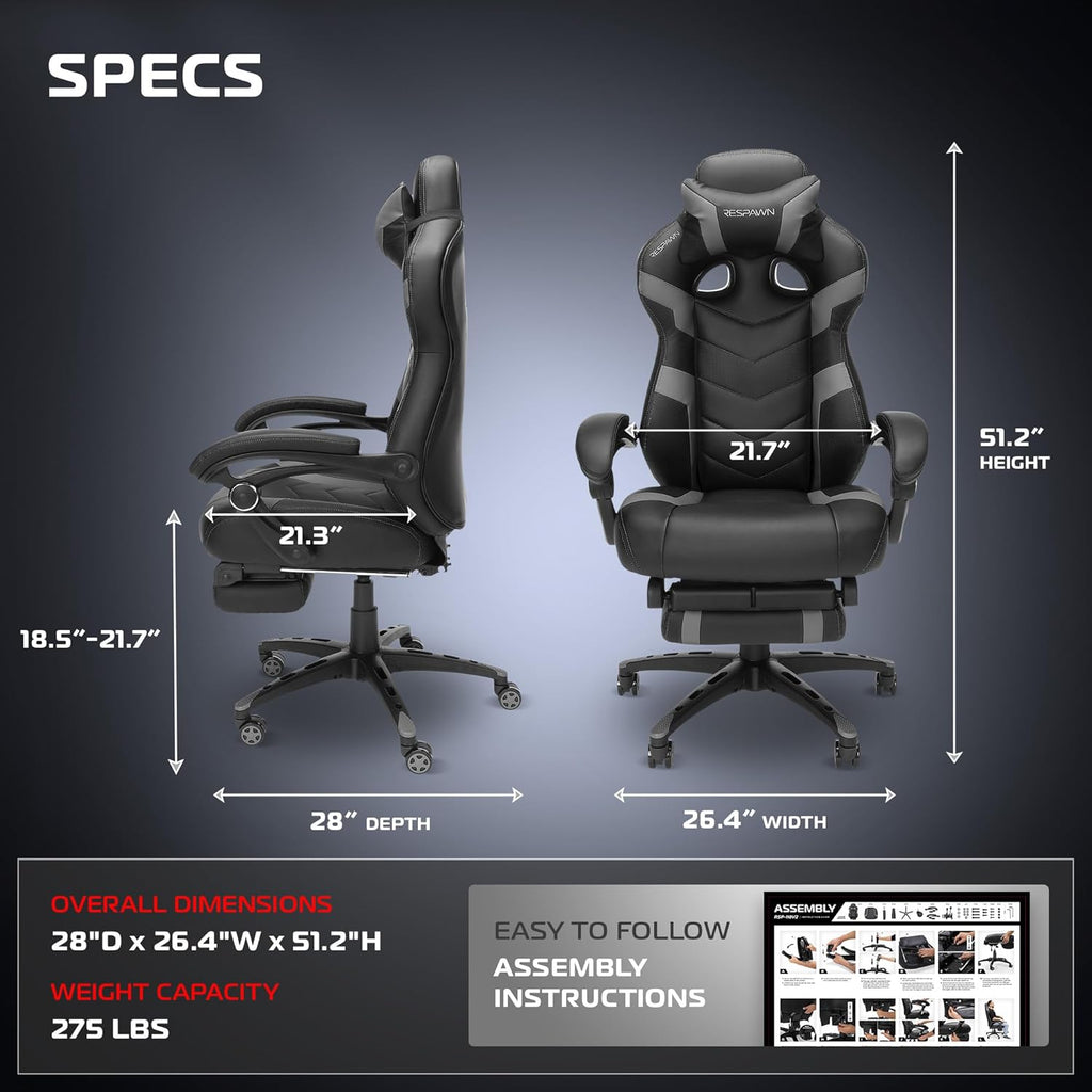 Respawn 110 Pro Ergonomic Gaming Chair with Footrest for Adults - Comfortable Office Gaming Recliner with Lumbar Support and Headrest, Racing Style Video Game Chairs for Computer Gamer - Gray