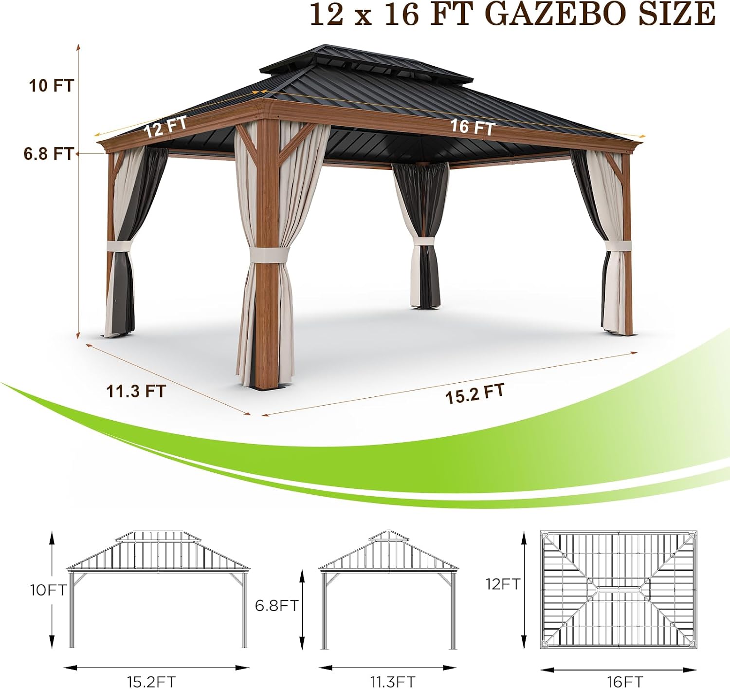 12x16 Hardtop Gazebo with Netting and Curtains, Galvanized Steel Double Roof Outdoor Pavilion with Wood Grain Aluminum Frame, Patio Gazebo for Deck, Garden, Lawn, Woodgrain/Black