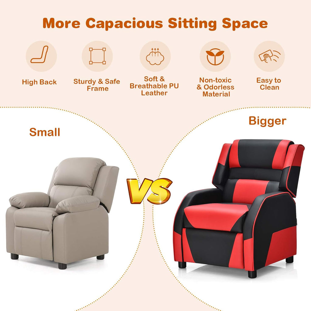 Giantex Kids Recliner, Gaming Recliner Chair with Footrest, Headrest & Lumbar Support, Ergonomic Leather Lounge Chair Toddler Furniture, Adjustable Racing Style Recliner Sofa for Boys Girls, Red