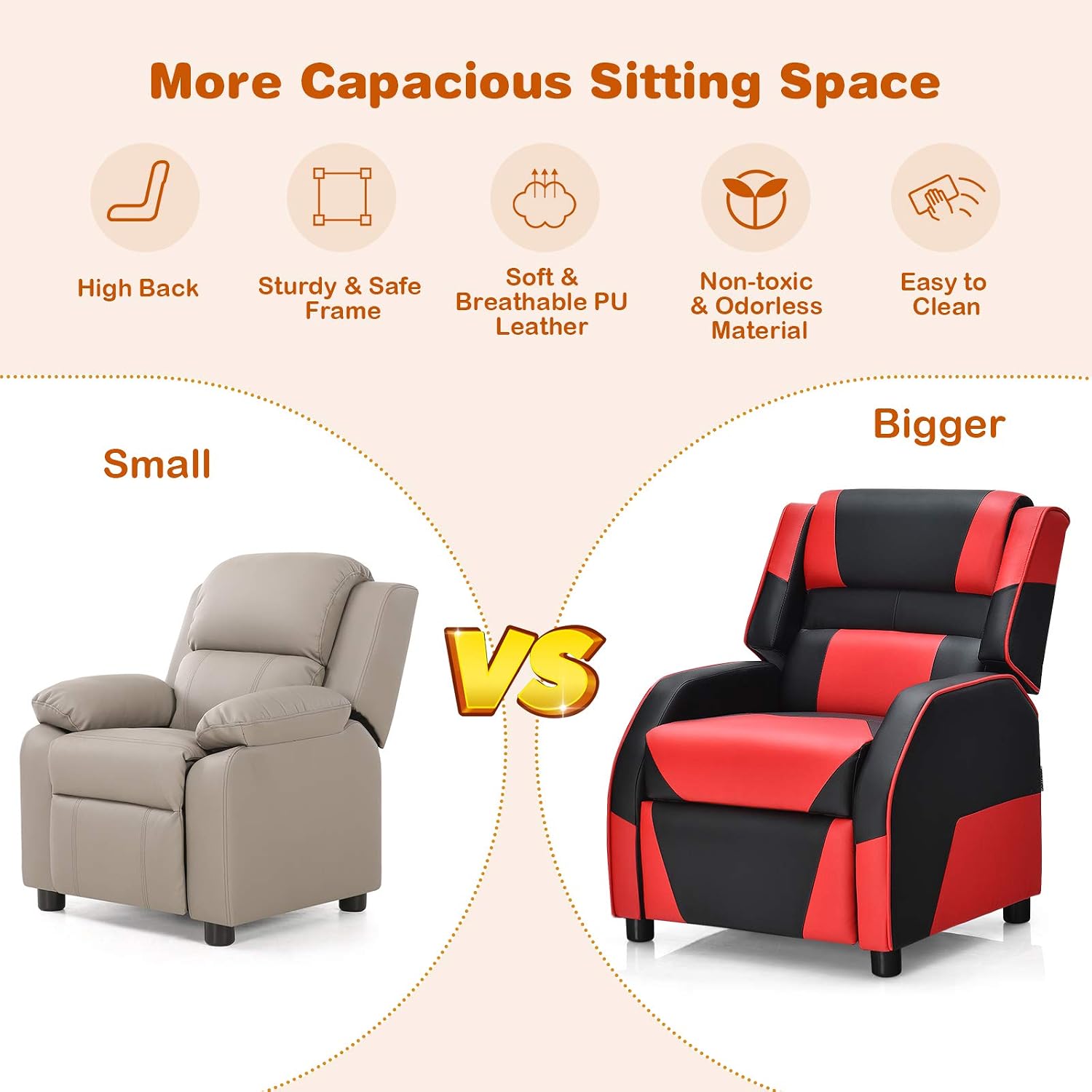 Giantex Kids Recliner, Gaming Recliner Chair with Footrest, Headrest & Lumbar Support, Ergonomic Leather Lounge Chair Toddler Furniture, Adjustable Racing Style Recliner Sofa for Boys Girls, Red