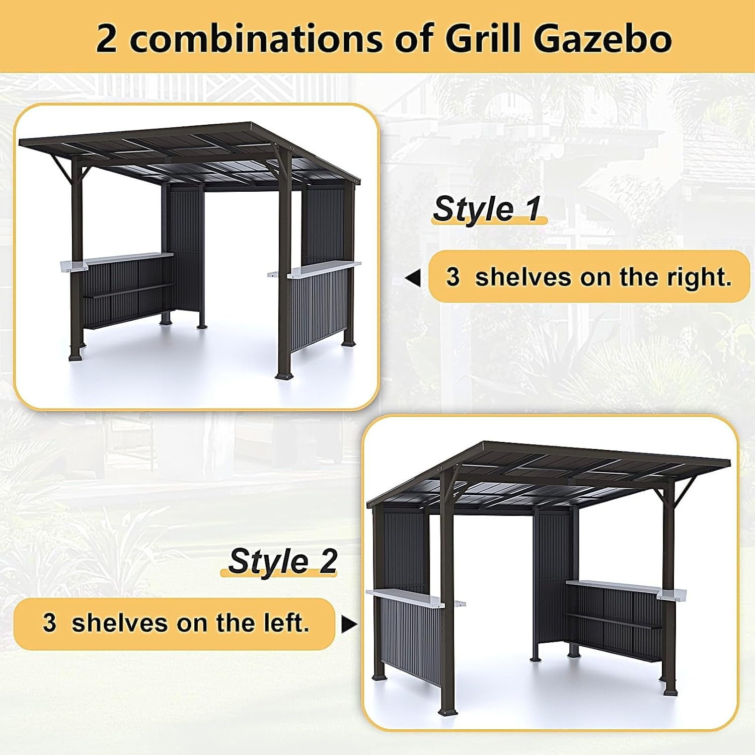 Gotland 10 FT x 10 FT Hardtop Grill Gazebo, BBQ Gazebo with 2 Extended Countertop 2 Side Shelves Drainage Holes Sloping Roof, Metal BBQ Canopy in 2 Combination Styles, for Patio Backyard Black
