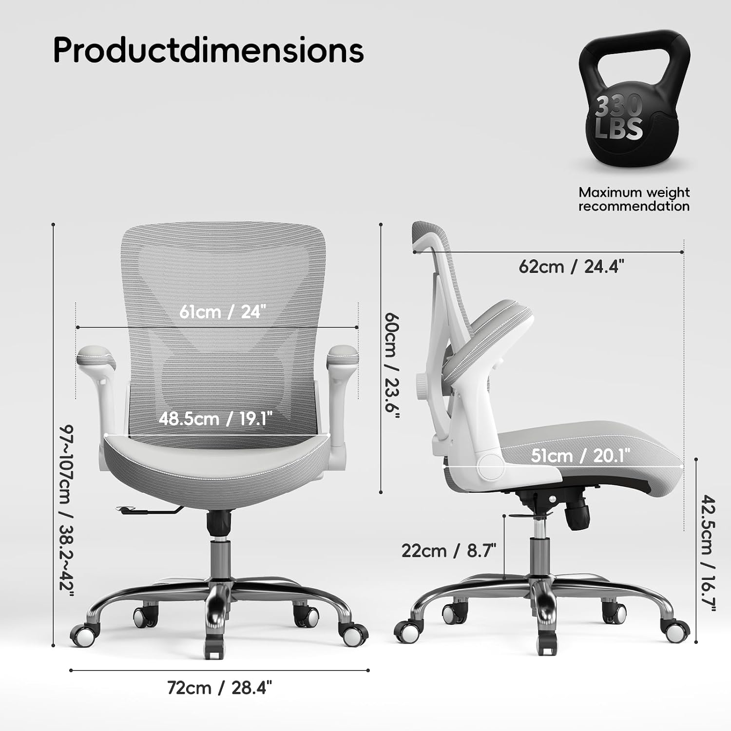 Ergalithic Office Home Ergonomic Desk Chair-Computer X-Shaped Chair Mesh PU Leather with Adjustable Lumbar Support-Executive Chair High Back Flip-Up Arms for Long Hours (White-Grey-No Headrest)