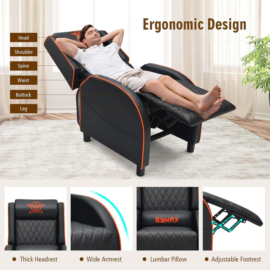 GYMAX Massage Gaming Recliner Chair, Ergonomic Racing Style Single Sofa with Adjustable Headrest, Backrest & Footrest, Home Theater Sofa for Living Room Office (Orange)