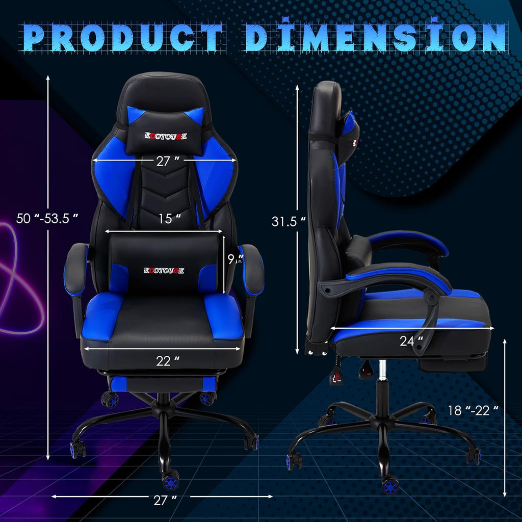 ECOTOUGE Gaming Chair with Footrest, Big and Tall Silla Gamer with Massage Lumbar Support, Ergonomic Gamer Chair with Reclining High Back, 360° Swivel Gaming Computer Chair, Blue