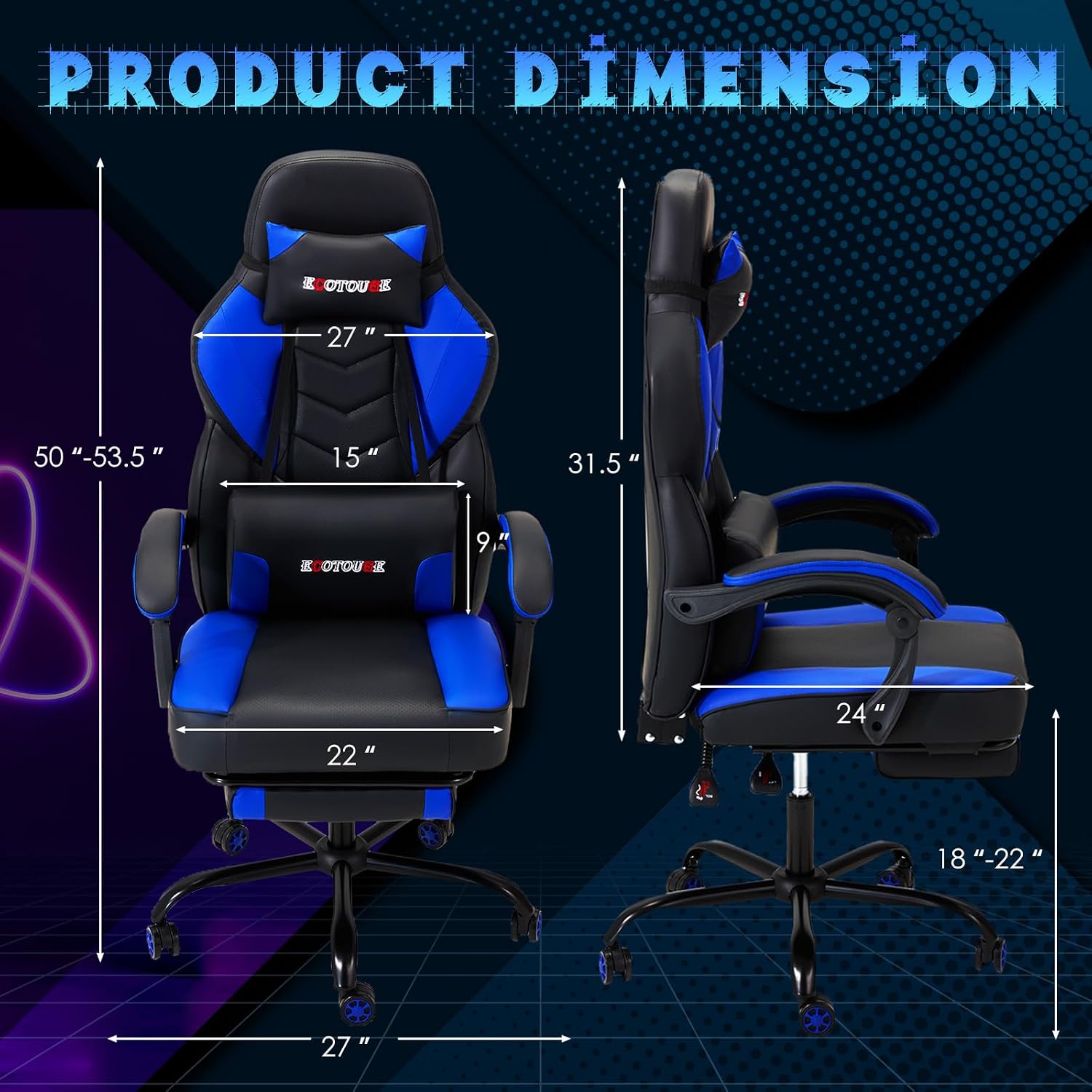 ECOTOUGE Gaming Chair with Footrest, Big and Tall Silla Gamer with Massage Lumbar Support, Ergonomic Gamer Chair with Reclining High Back, 360° Swivel Gaming Computer Chair, Blue