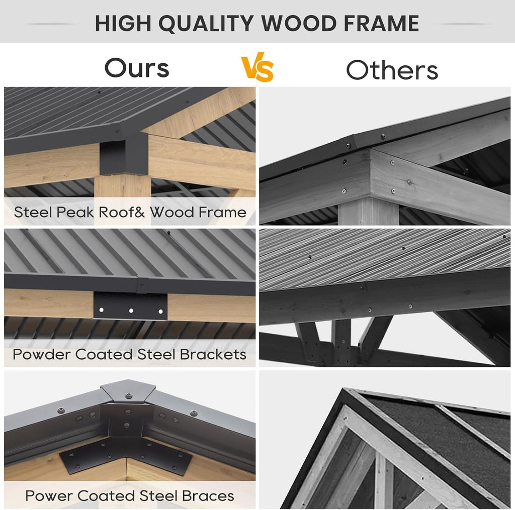 10'x12' Outdoor Patio Wooden Gazebo - Cedar Solid Wood Gazebo with Galvanized Steel Roof, Wooden Frame, Pavilion for Lawns, Beach, Patio, Garden(10X12FT)