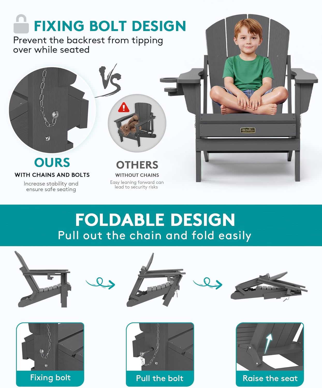 SERWALL Folding Adirondack Chair with Cup Holder Set of 2, All Weather Adirondack Chairs, Fire Pit Chairs for Patio Garden Outdoors Fire Pit - Gray