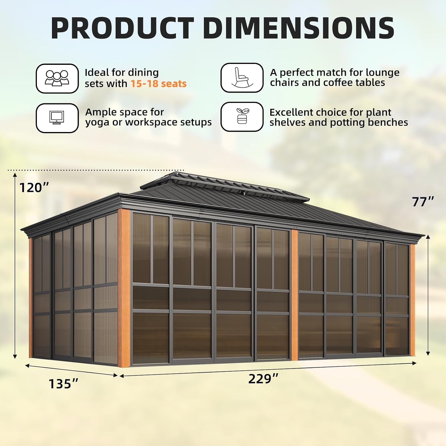 EROMMY 12' X 20' Hardtop Sunroom, Galvanized Steel Double Roof Gazebo Solarium with Wood Grain Aluminum Frame & Detachable Windows, All-Weather Sun Room for Patio Deck Backyard