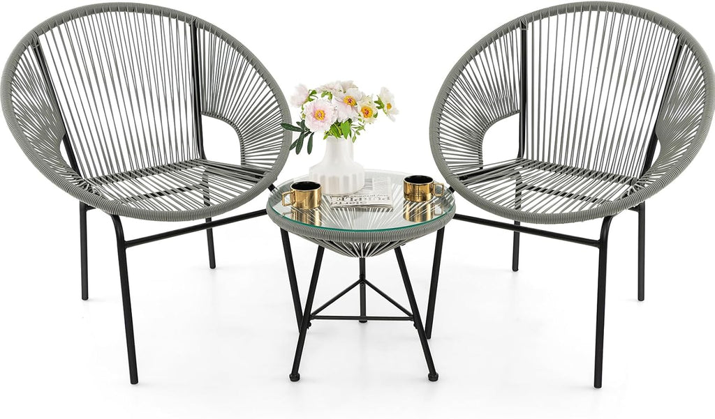 Tangkula 3 Piece Outdoor Patio Furniture Set, Acapulco Chair Set w/Plastic Rope, Tempered Glass Table, All Weather Patio Bistro Set for Patio, Lawn, Garden, Backyard (Grey)