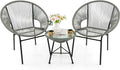Tangkula 3 Piece Outdoor Patio Furniture Set, Acapulco Chair Set w/Plastic Rope, Tempered Glass Table, All Weather Patio Bistro Set for Patio, Lawn, Garden, Backyard (Grey)