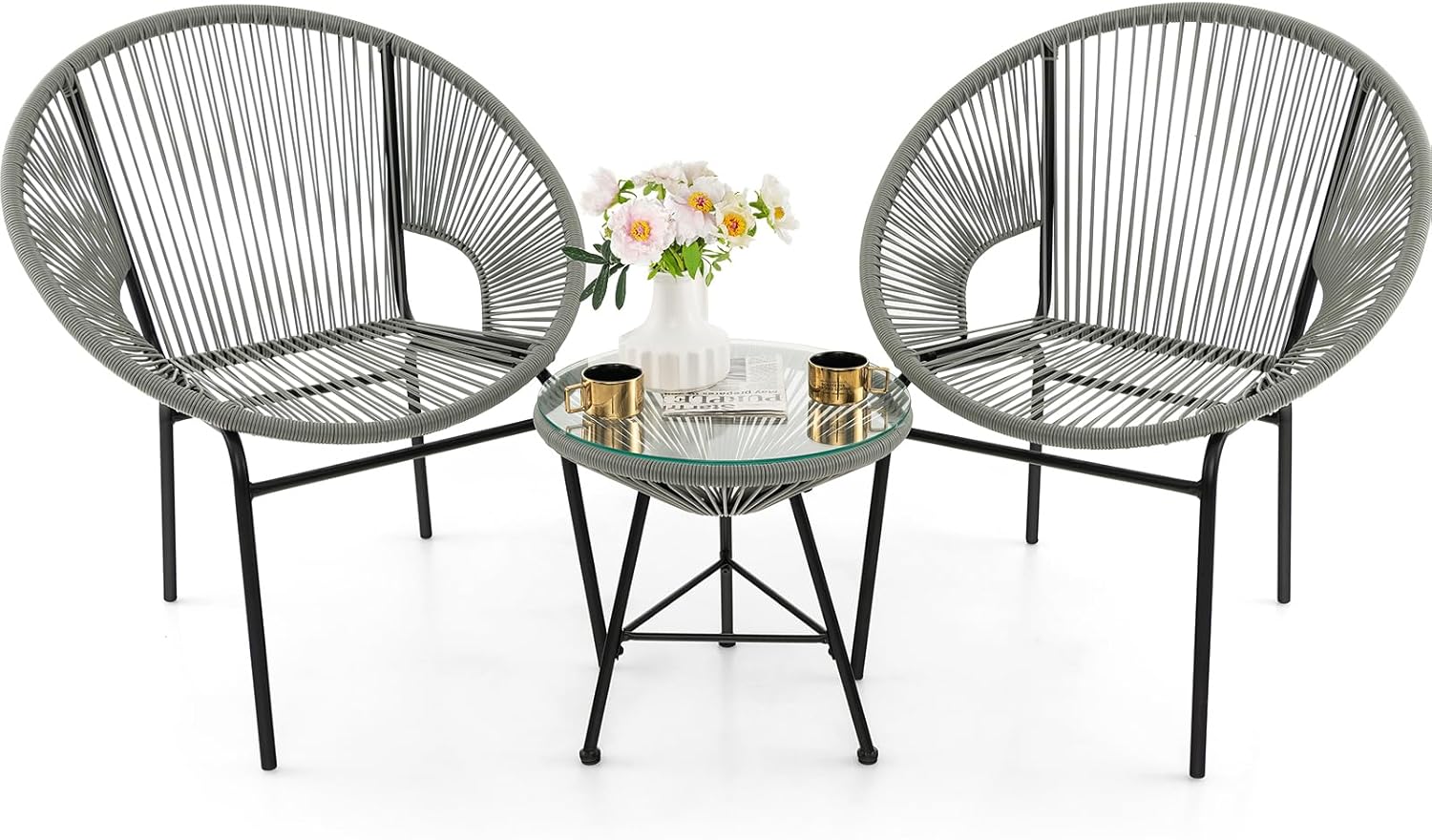 Tangkula 3 Piece Outdoor Patio Furniture Set, Acapulco Chair Set w/Plastic Rope, Tempered Glass Table, All Weather Patio Bistro Set for Patio, Lawn, Garden, Backyard (Grey)