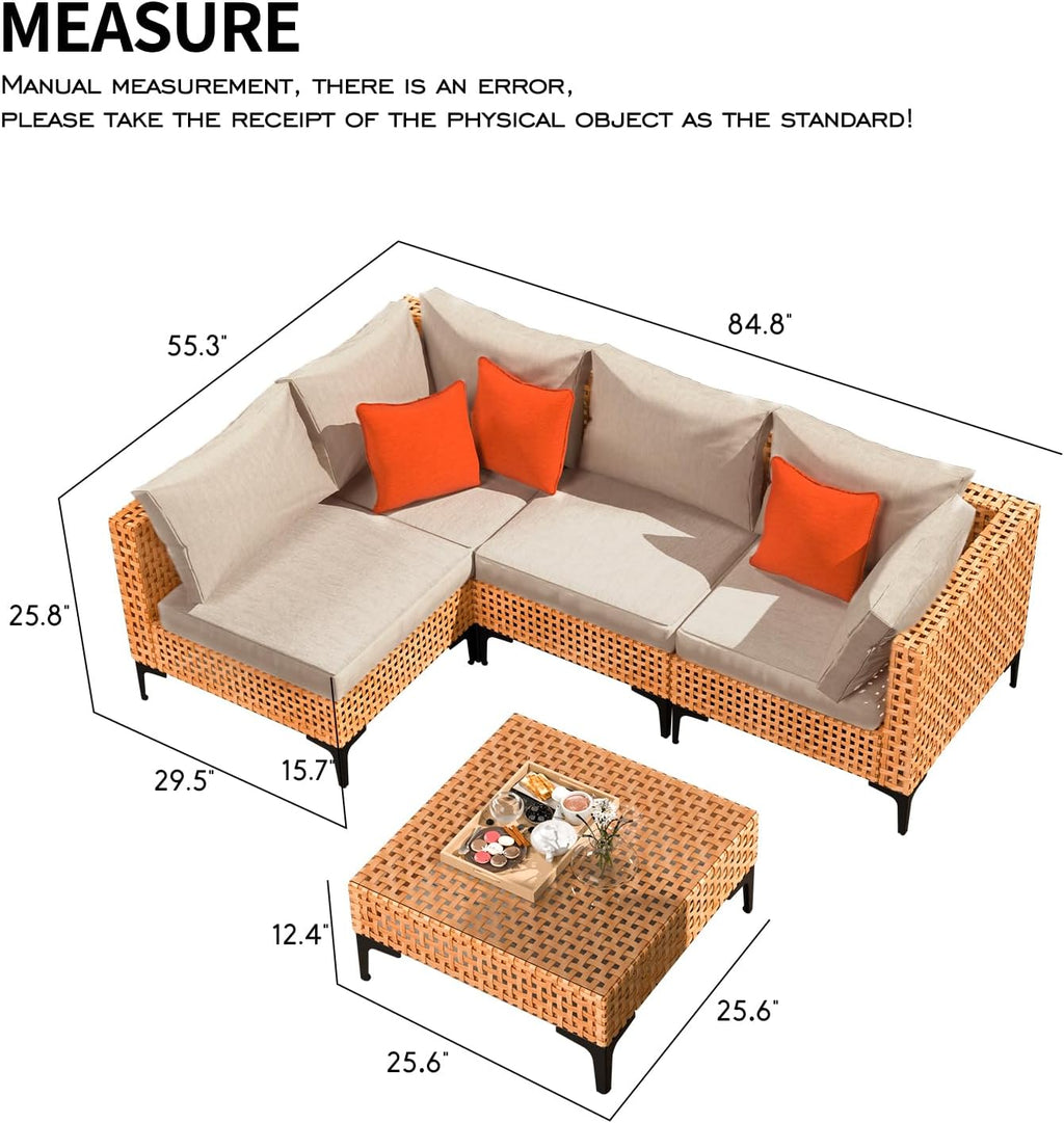 5 Piece Outdoor Patio Furniture Set Modular Wicker Sectional Sofa with Cushions and Table for Balcony, Porch, Deck, Yard (Salmon&Orange Wicker, Sand Cushion)