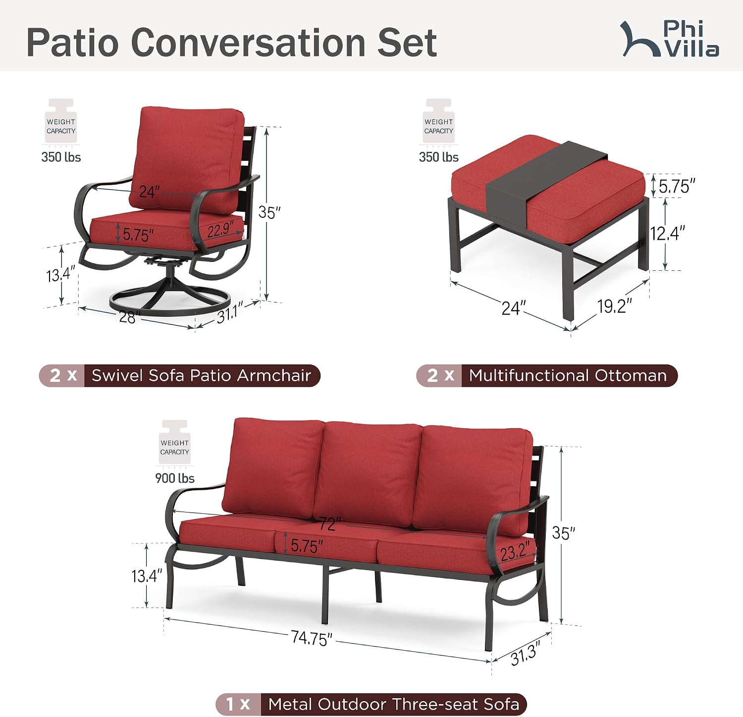 PHI VILLA 5 Piece Metal Patio Furniture Set with 5.75' Cushion, Modern Outdoor Furniture Set with 3 Seater Patio Sofa, 2 Swivel Chairs & 2 Ottoman, Deep Seat Patio Conversation Sets for Garden, Red