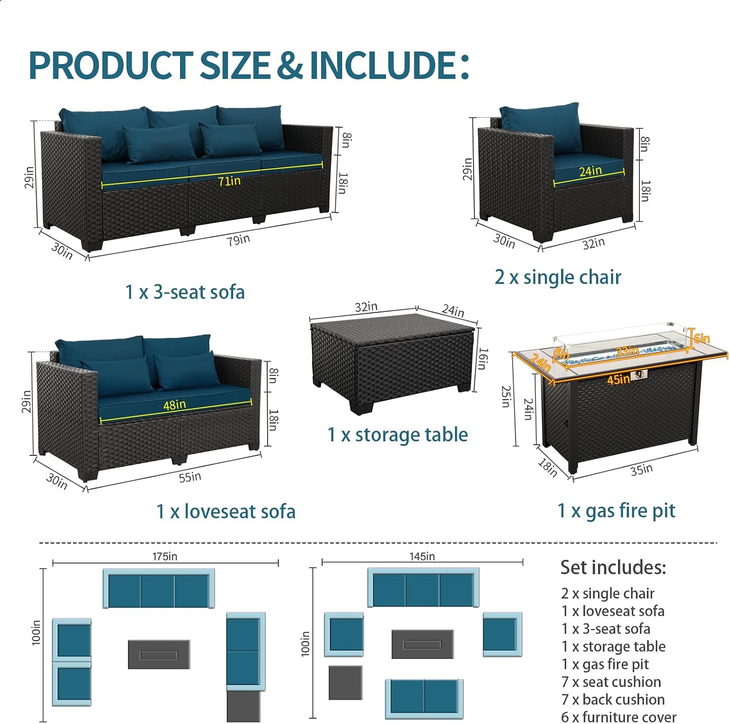 Rattaner Patio Furniture Set with 45In Fire Pit 6 Pieces Outdoor Furniture Sets Patio Couch Outdoor Chairs 60000 BTU Steel Propane Fire Pit Table No-Slip Cushions and Waterproof Covers, Peacock Blue