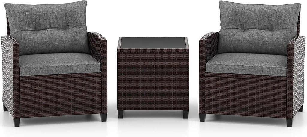 ORALNER 3 Pieces Patio Furniture Set, Outdoor Wicker Conversation Set Rattan Chairs with Cushions, Glass Coffee Table, Bistro Set for Front Porch Balcony Garden Deck Poolside (Grey)