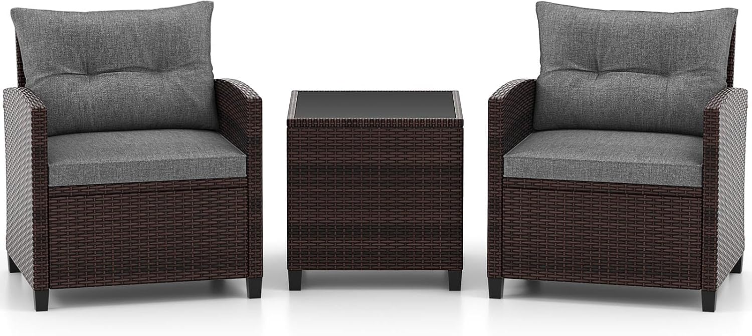 ORALNER 3 Pieces Patio Furniture Set, Outdoor Wicker Conversation Set Rattan Chairs with Cushions, Glass Coffee Table, Bistro Set for Front Porch Balcony Garden Deck Poolside (Grey)