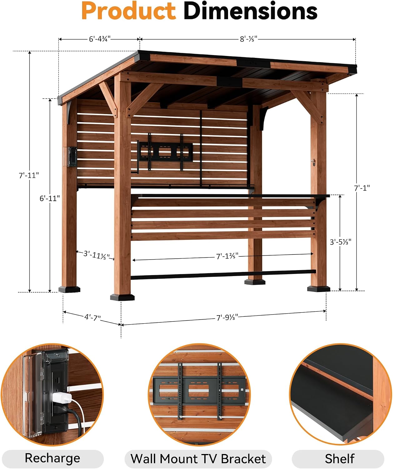 Modern Shade The Aura Cedar Wood Entertainment Bar Center, Wood Gazebo Grill Pavilion with Shelves & Paper Towel Holder, Grill Gazebo with Hardtop Steel Roof,TV Mount, Power Strip for Patio, Garden