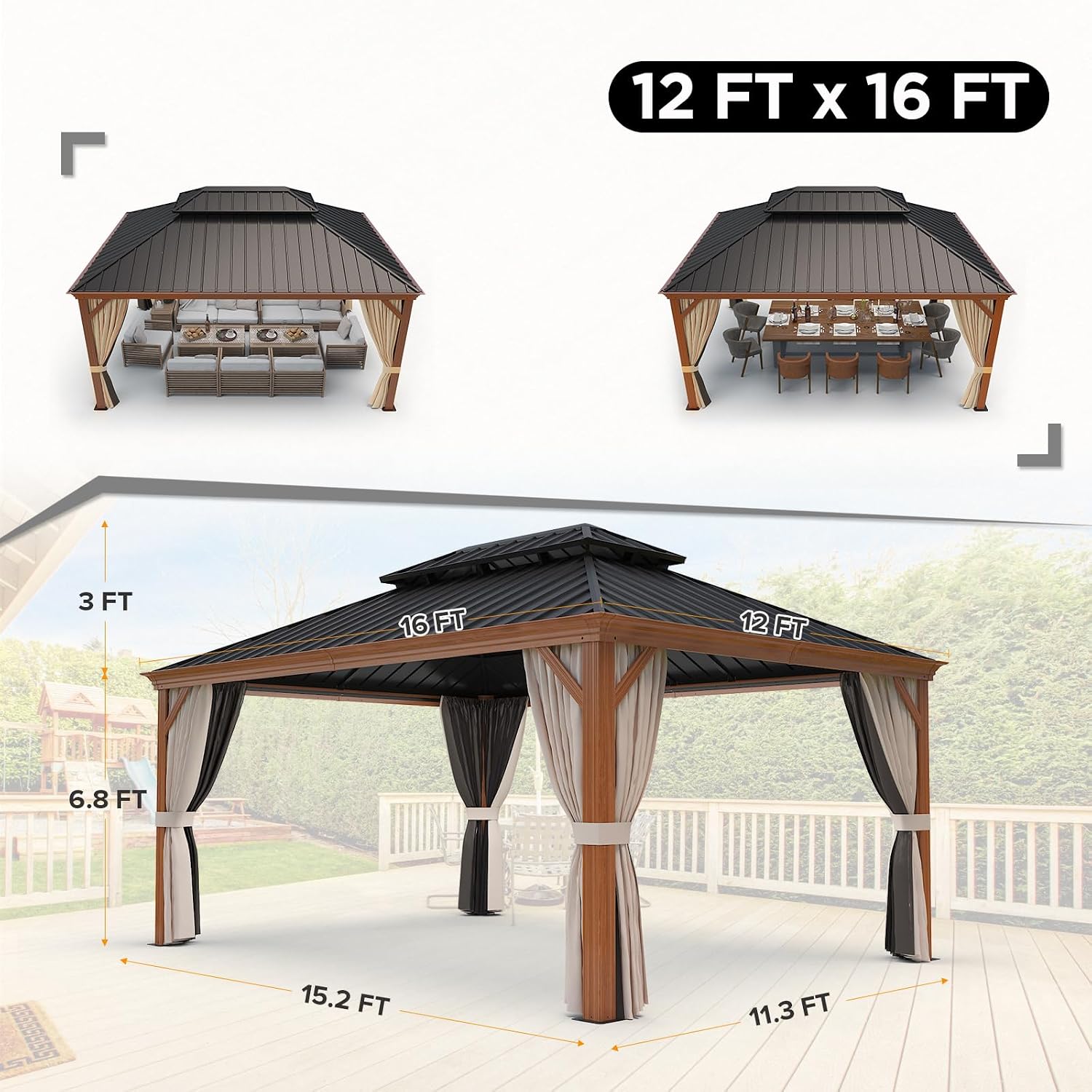 COOS BAY 12x16 Hardtop Gazebo, Wood Grain Aluminum Frame with Galvanized Steel Double Roof, Outdoor Pavilion with Netting and Curtains, Wood Grain/Black