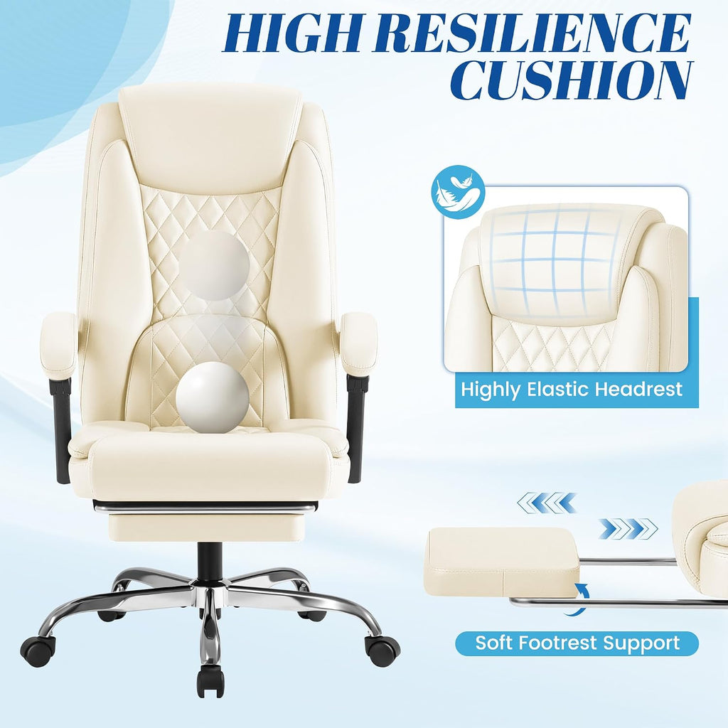 Furmax Office Chair with Footrest Ergonomic High Back Design Executive Computer Desk Chair400lbs, 90-135° Reclining Leather Home Office Desk Chairs Swivel Task Chairs with Wheels (Beige)