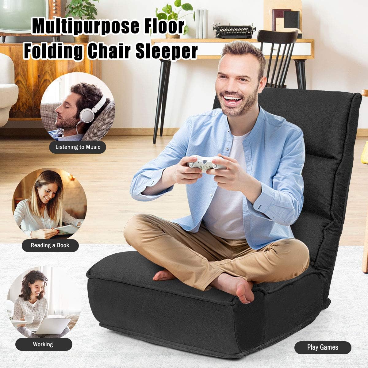 Giantex Gaming Chair Floor, Floor Chairs for Adults with 4-Position Adjustable Back, 6-Position Adjustable Headrest, Side Pocket, No Assembly Required, Banana Chair, Folding Floor Gaming Chair, Black