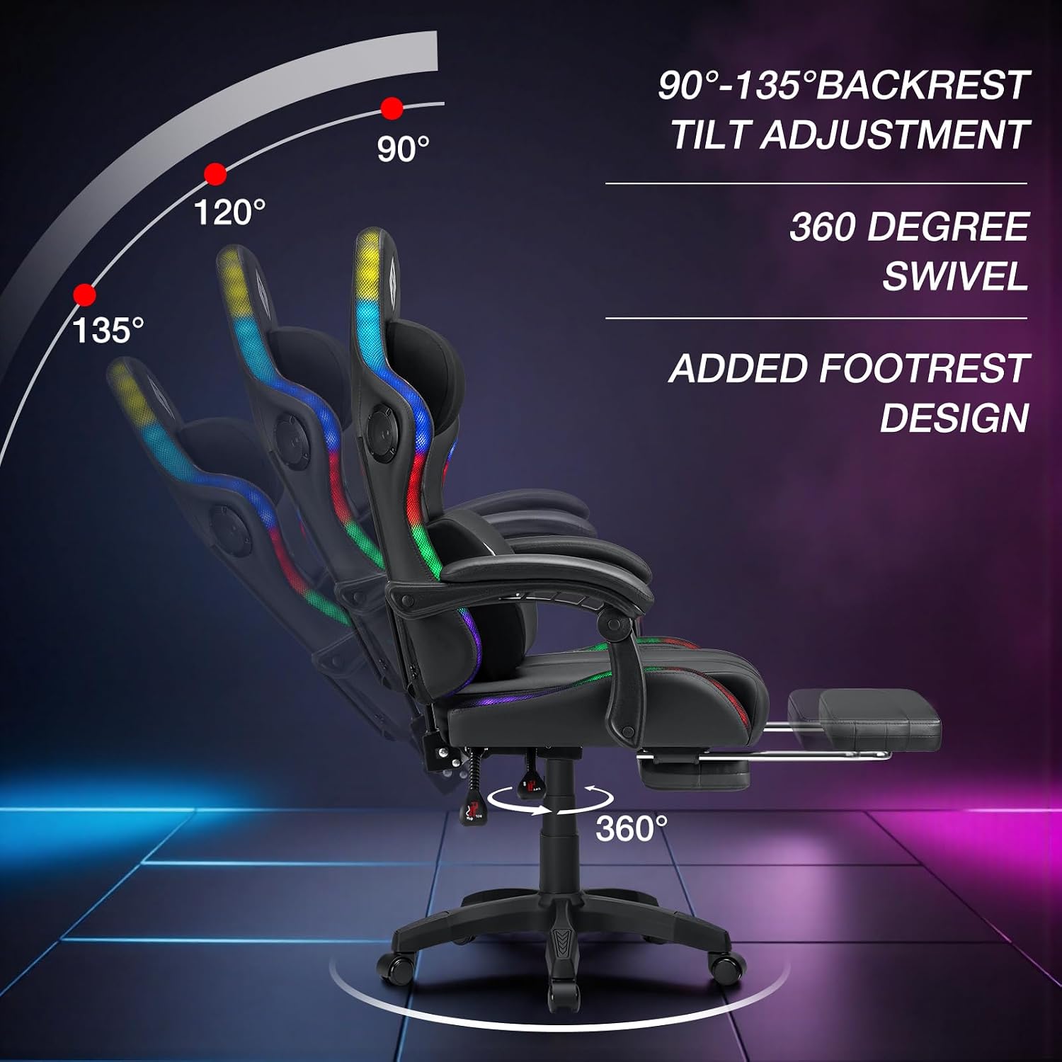 HOFFREE Gaming Chair with Music Rhythm RGB LED Lights and Bluetooth Speakers Ergonomic Massage Computer Gaming Chair with Footrest Video Game Chair High Back with Lumbar Support Grey and Black