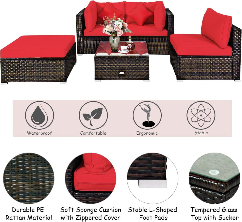 COSTWAY 5-Piece Outdoor Patio Furniture Set, Glass Top Coffee Table and Lounge Sofa with Cushions, PE Rattan Conversation Set for Garden, Deck, Backyard (Red)