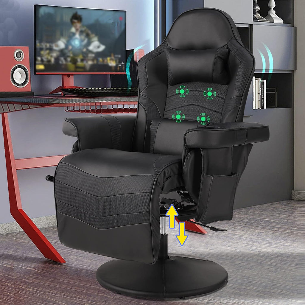 LVUYOYO Reclining Gaming Chair, Gaming Chair with Footrest and Massage, High Back PU Leather Gaming Recliner w/Adjustable Height, Swivel Game Chair with Lumbar Support, Cup Holder, Headrest