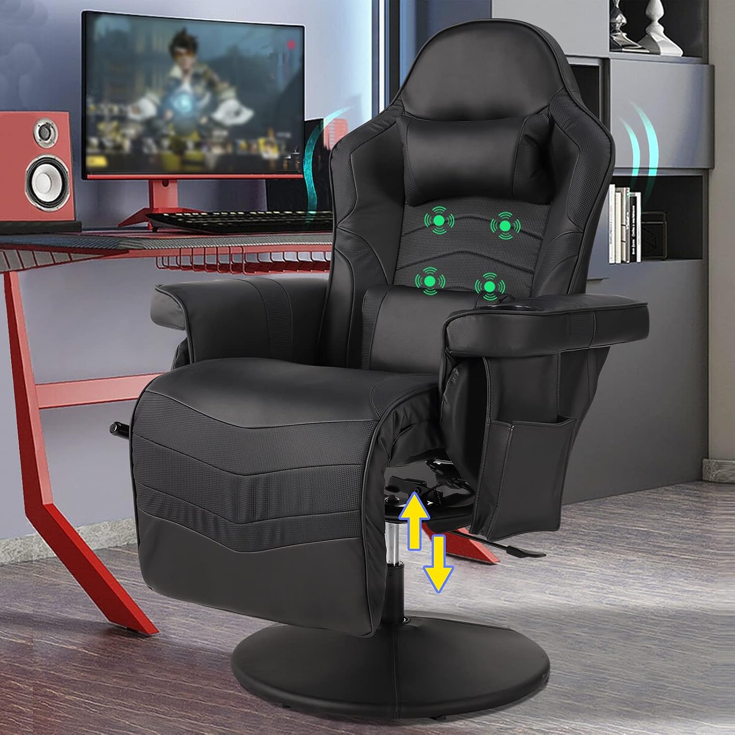 LVUYOYO Reclining Gaming Chair, Gaming Chair with Footrest and Massage, High Back PU Leather Gaming Recliner w/Adjustable Height, Swivel Game Chair with Lumbar Support, Cup Holder, Headrest