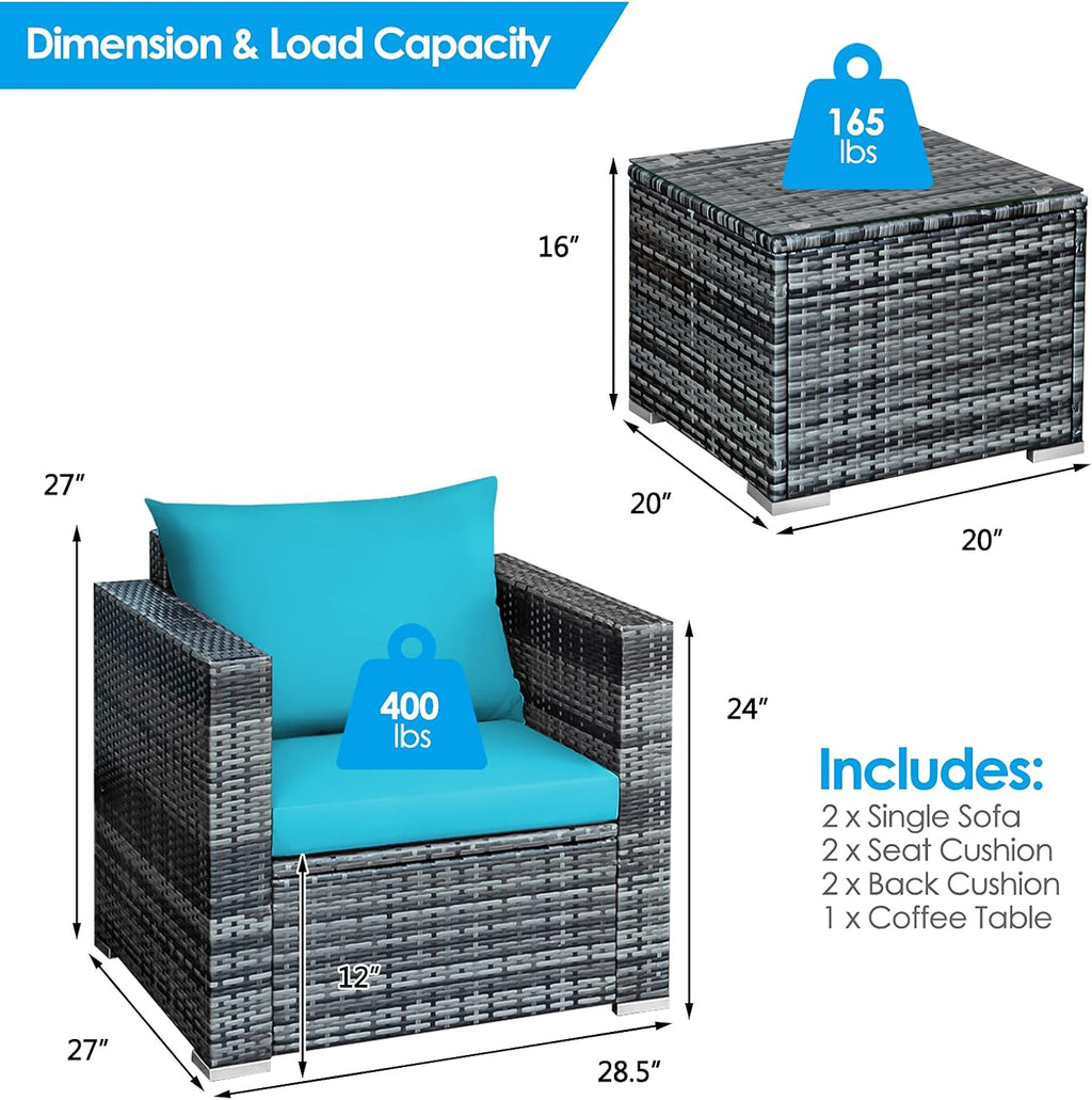 HAPPYGRILL 3 Piece Patio Conversation Set Outdoor Rattan Wicker Sofa Set with Coffee Table Patio Furniture Set with Soft Cushions for Balcony Porch Backyard Garden