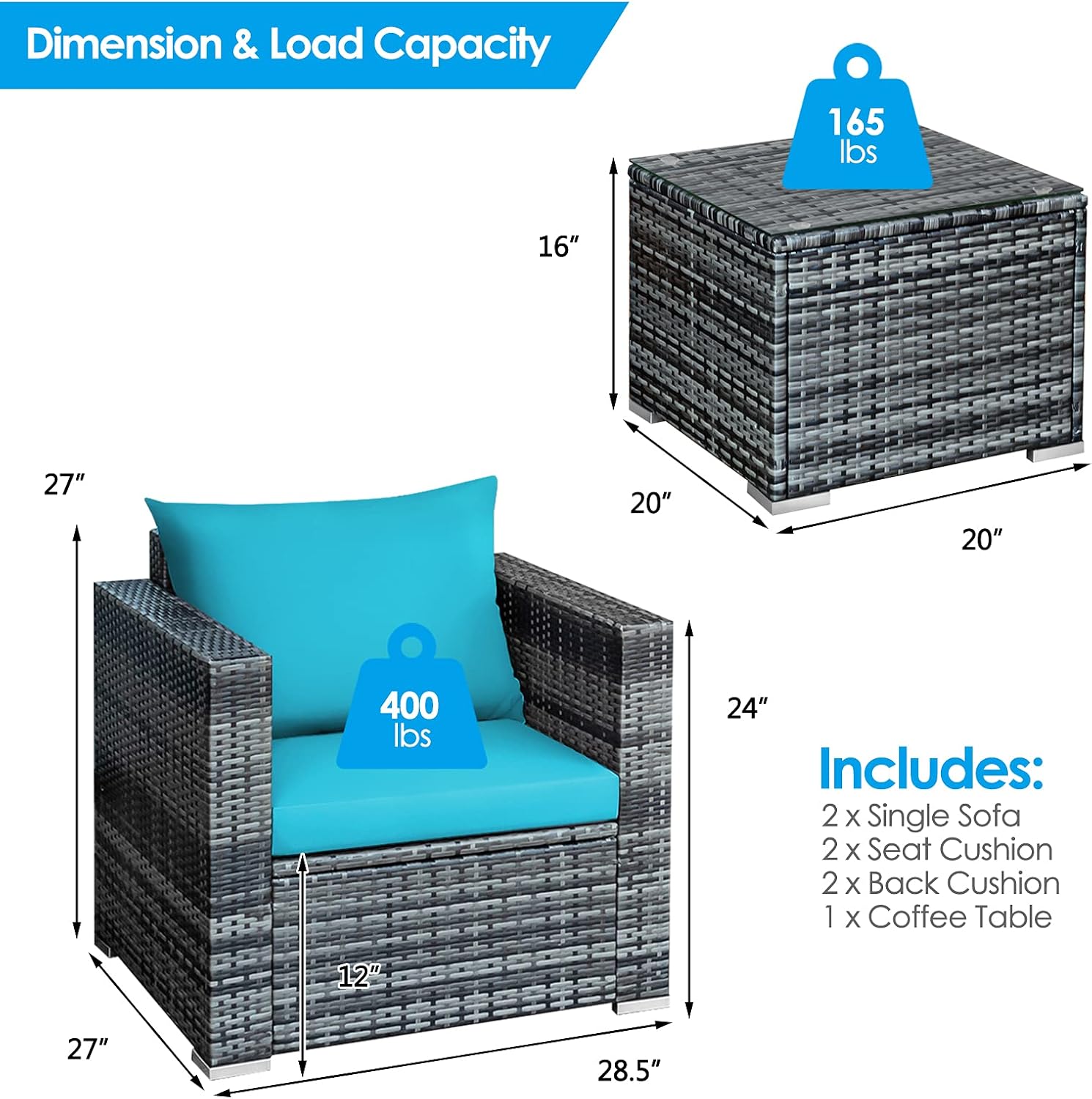 HAPPYGRILL 3 Piece Patio Conversation Set Outdoor Rattan Wicker Sofa Set with Coffee Table Patio Furniture Set with Soft Cushions for Balcony Porch Backyard Garden