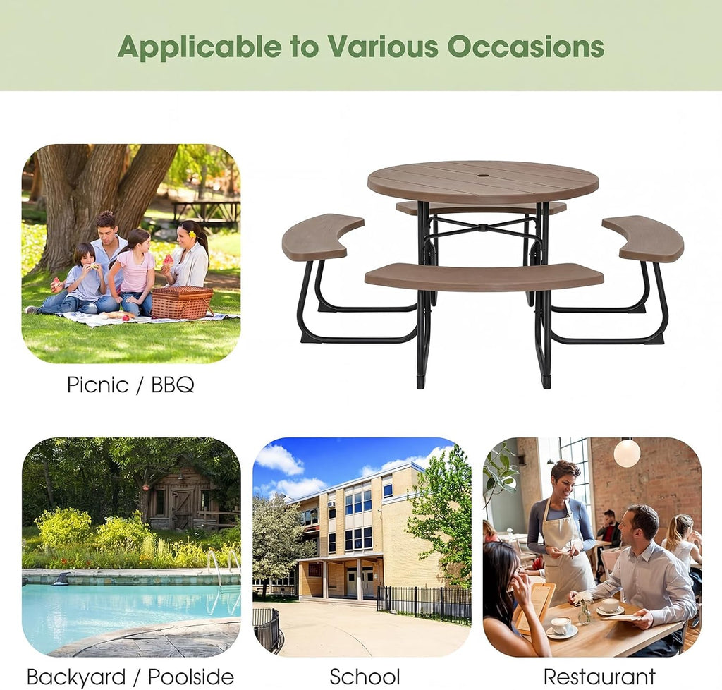 Giantex Picnic Table Set for Up to 8 Persons, Round Outdoor Table and Bench Set with Umbrella Hole, HDPE Top & Metal Frame, 2000LBS Capacity, Patio Table Bench for Deck Backyard Garden, Coral Reef