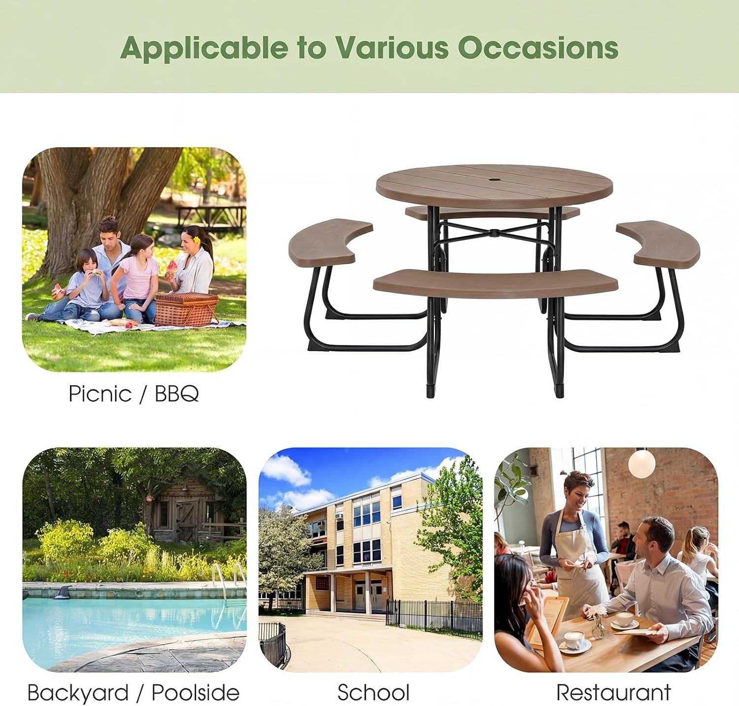 Giantex Picnic Table Set for Up to 8 Persons, Round Outdoor Table and Bench Set with Umbrella Hole, HDPE Top & Metal Frame, 2000LBS Capacity, Patio Table Bench for Deck Backyard Garden, Coral Reef