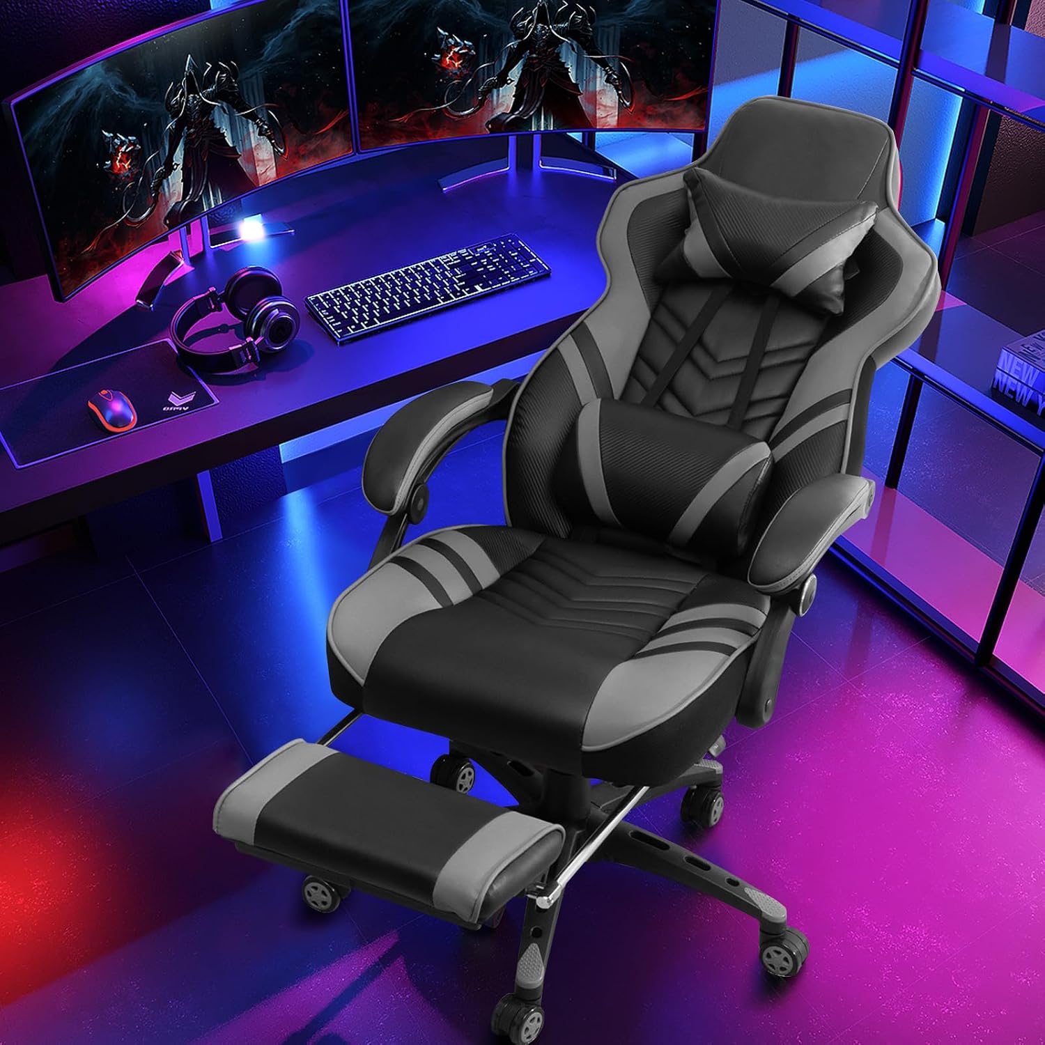 Goplus Gaming Chair, Computer Chair with Footrest and Lumbar Support, Height Adjustable Executive Swivel Rolling Task Chair with 90°-155° Tilt Function (Grey)