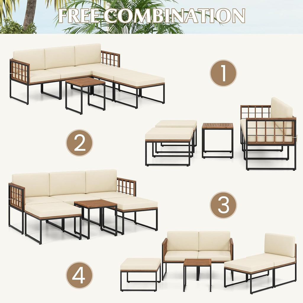 Tangkula 6 Pieces Acacia Wood Patio Furniture Set, Outdoor Sectional Conversation Sofa Set with Cushions, Coffee Table and Ottomans, Metal Frame Patio Sofas for Garden, Poolside, Backyard, Beige