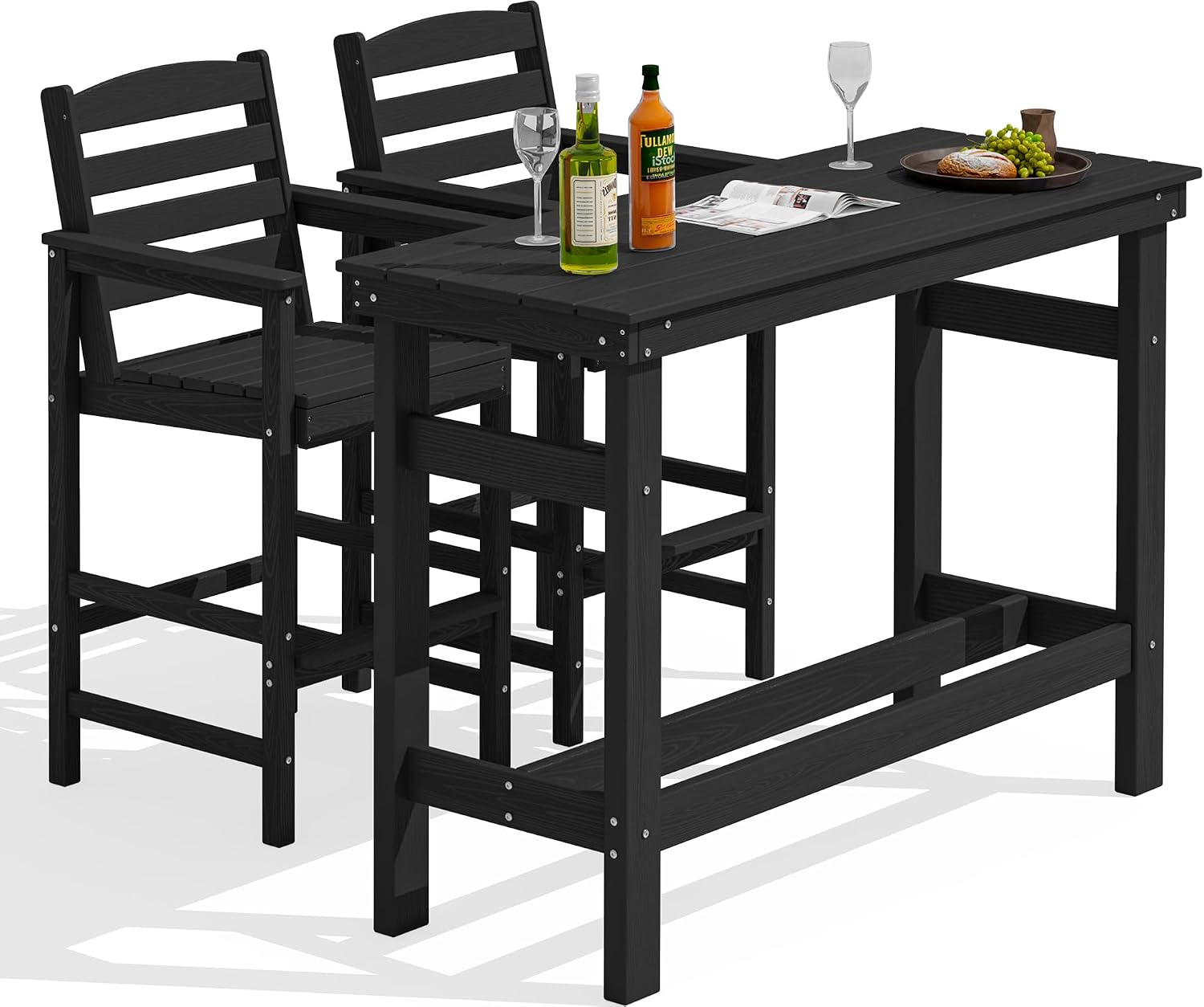 SERWALL Outdoor Bar Set - 2 Adirondack Bar Chairs & Bar Height Table with 1.6' Umbrella Hole, All-Weather HDPE Patio Furniture for Poolside, Backyard, Garden - Black