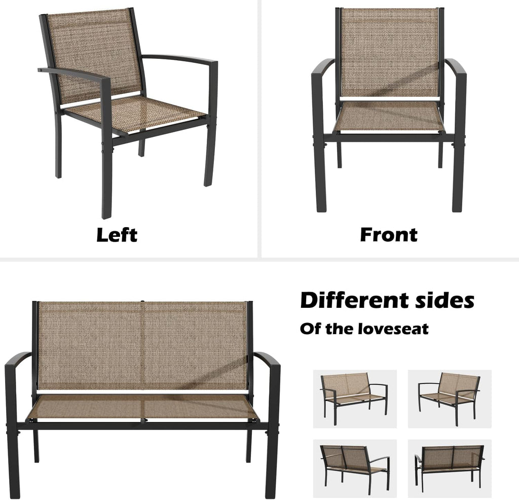 Greesum GS-LCT4PCSBN 4 Pieces Patio Furniture Set Outdoor Conversation Textilene Fabric Chairs for Lawn, Garden, Balcony, Poolside with A Glass Coffee Table, Brown