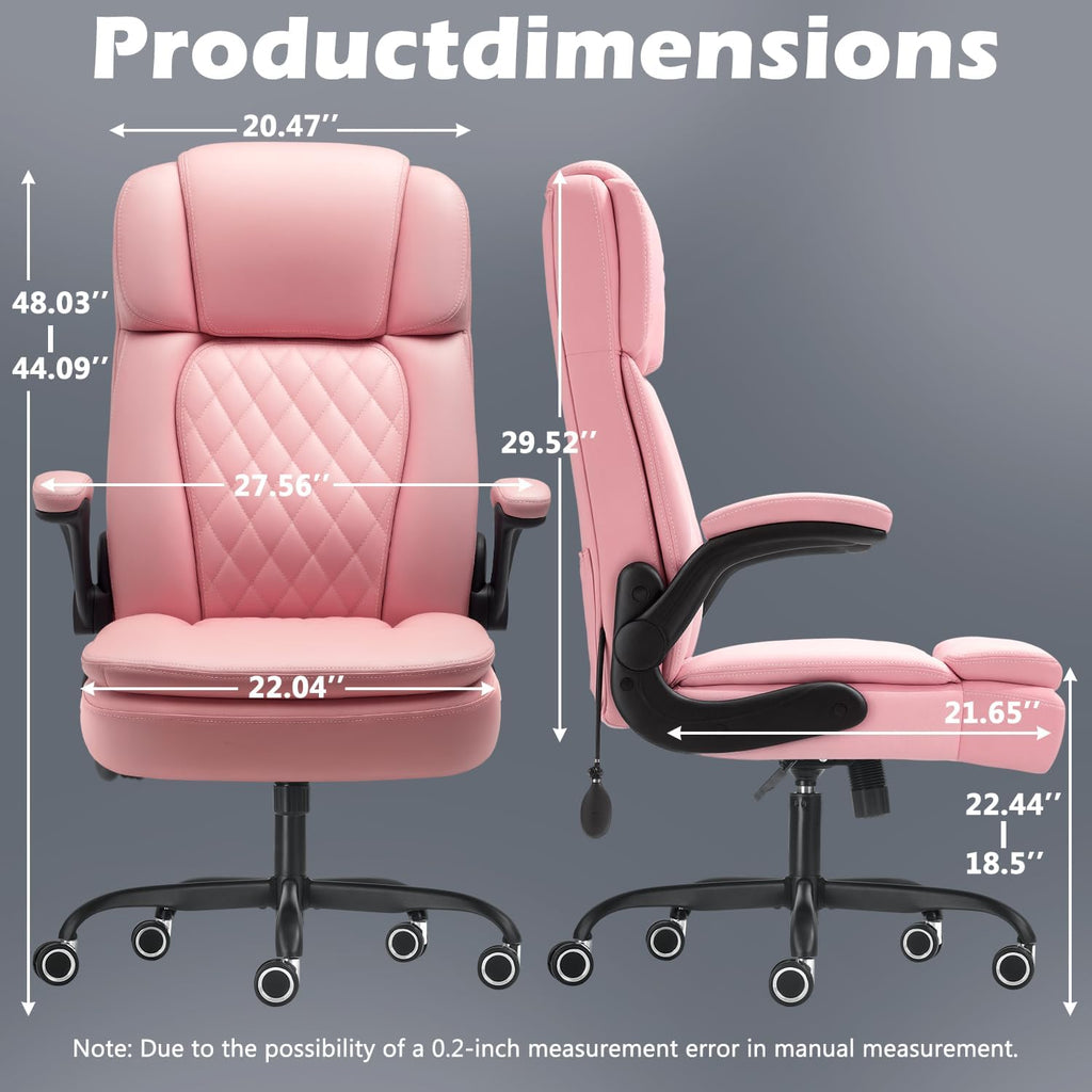 450 LBS Big and Tall Executive Office Chair with Flip up Arm, Heavy Duty Leather Computer Desk Chair,Comfortable High Back Swivel Home Office Chair with Rolling for Adults (Pink)