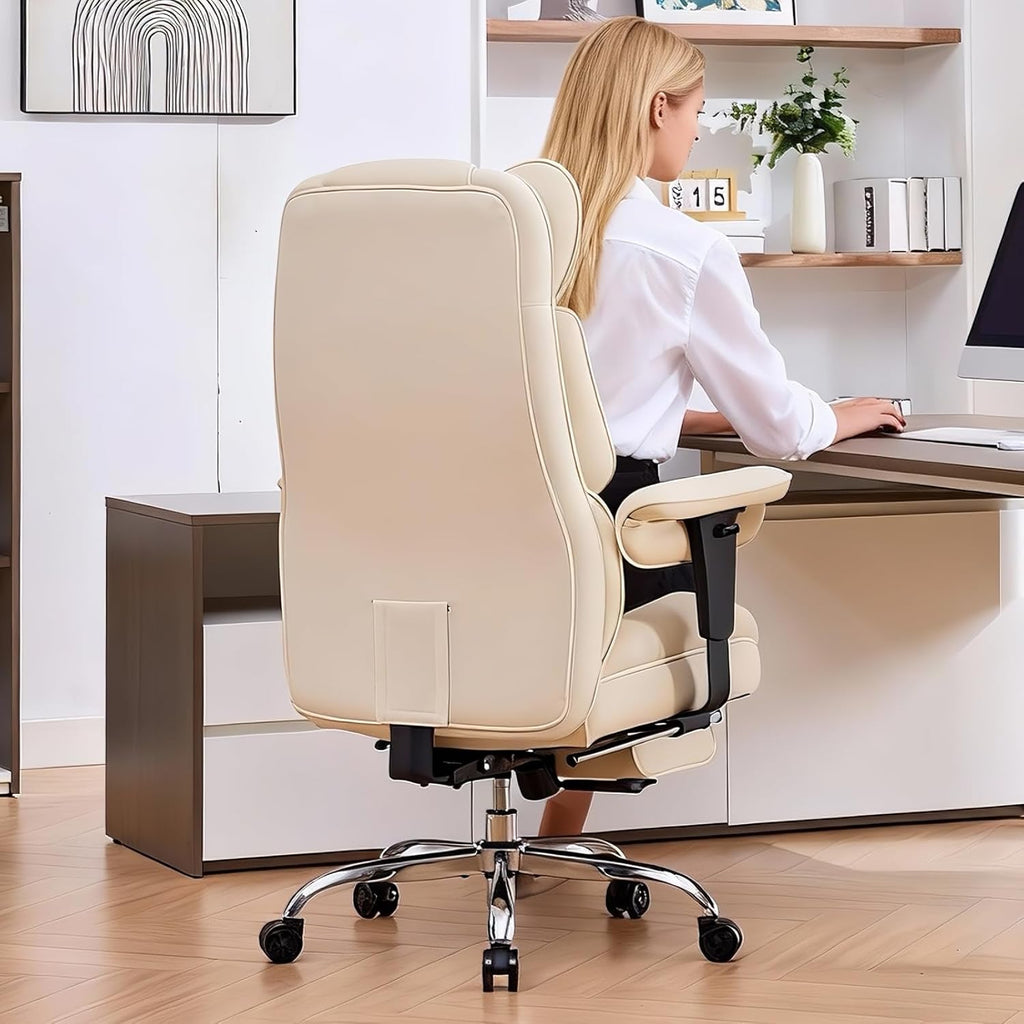 Efomao Big and Tall Office Chair with Footrest - Breathable Mesh Executive Chair, Heavy Duty Computer Desk Chair for Home Office, Ergonomic Lumbar Support & Reclining Mesh Gaming Chair, Beige