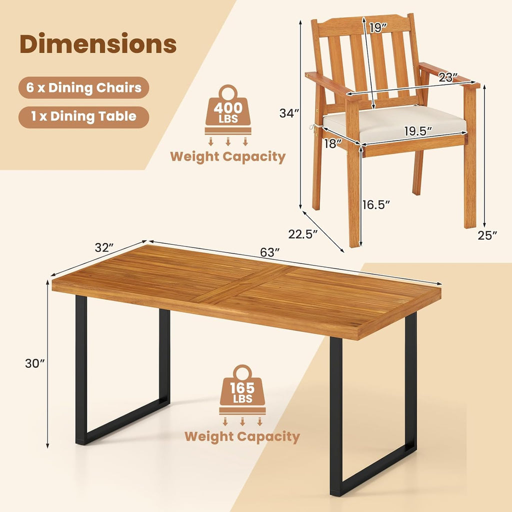 Tangkula 7 Pieces Patio Dining Table Set, 63' Rectangle Acacia Wood Table with Umbrella Hole and 6 Cushioned Armchairs, Outdoor Dinette Furniture for Garden Backyard Kitchen