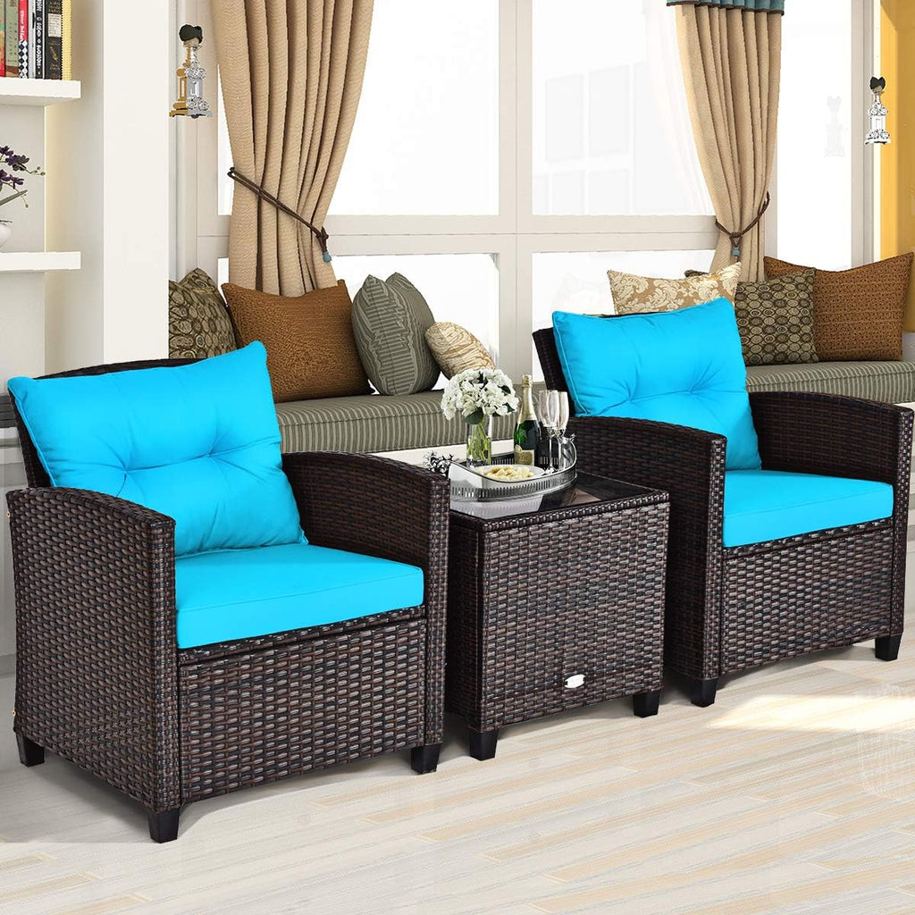 KOTEK 3 Piece Patio Furniture Set, Outdoor Conversation Set with Washable Cushions & Tempered Glass Tabletop, PE Rattan Wicker Bistro Set for Porch, Garden, Balcony (Turquoise)