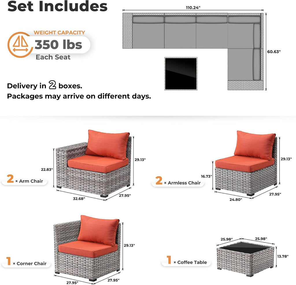 ovios 6 Pieces Patio Furniture Set, Outdoor Wicker Sectional Sofa with Coffee Table Comfy Cushions, Modern Modular Deep Seat Couch Rattan Conversation Set, Orange Red
