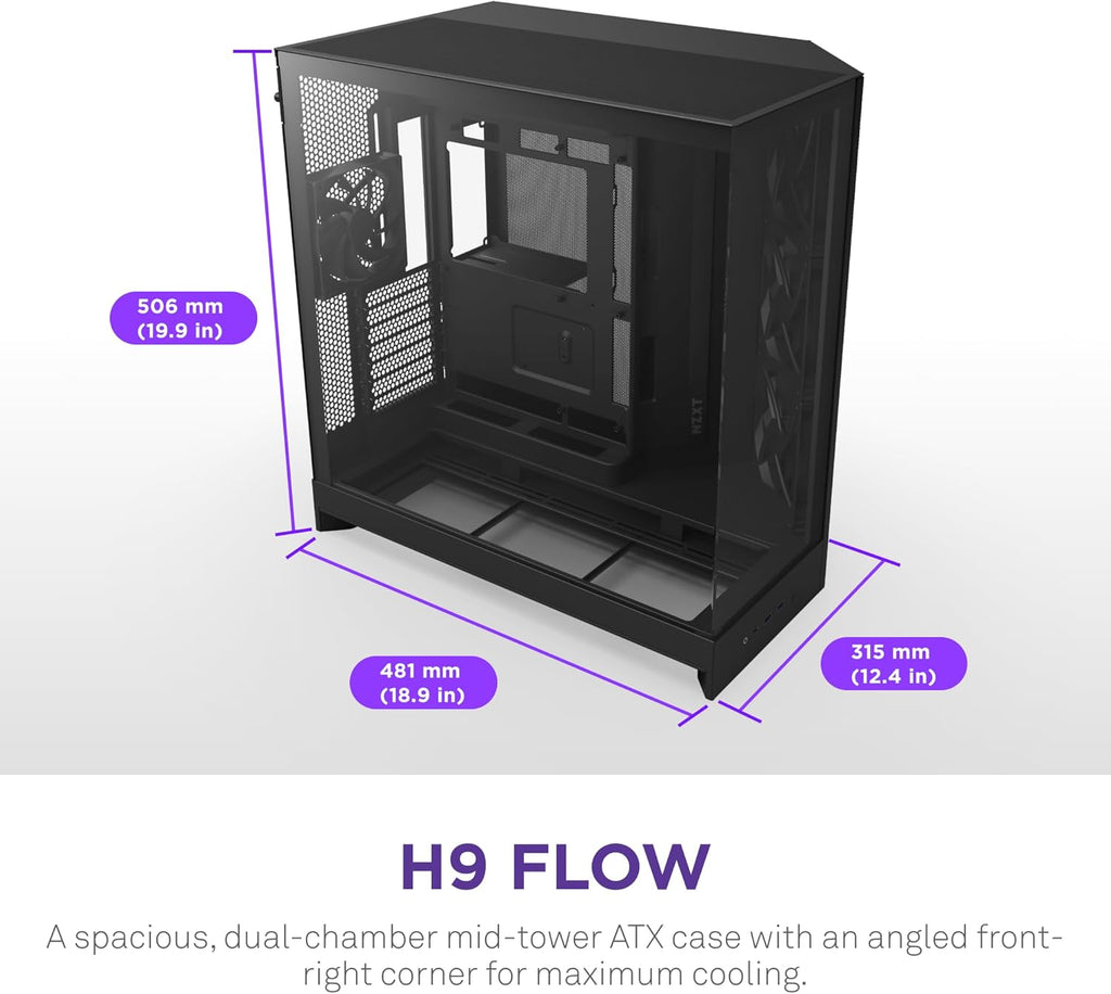 NZXT H9 Flow (2025) – Large Dual-Chamber ATX Mid-Tower Airflow PC Case – Includes 3 x 140mm & 1 x 120mm Fans – 420mm Radiator Support – Tempered Glass – Back-Connect Ready – Black
