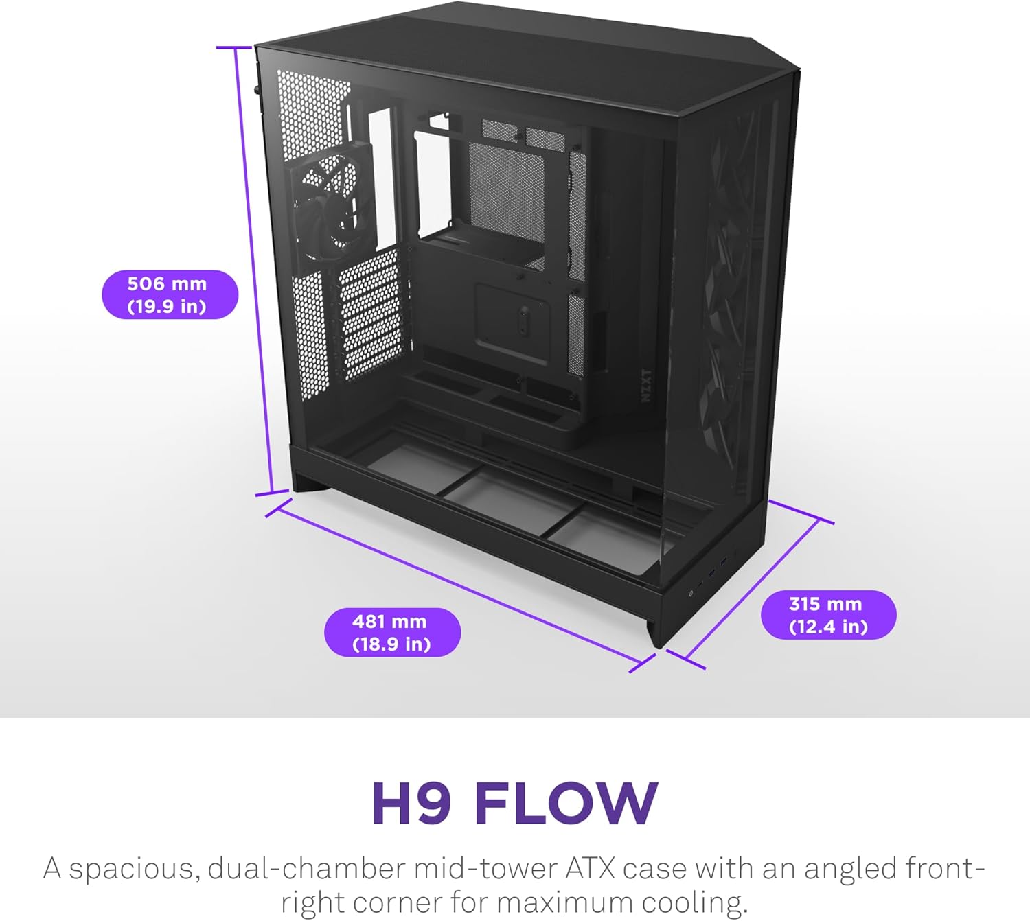 NZXT H9 Flow (2025) – Large Dual-Chamber ATX Mid-Tower Airflow PC Case – Includes 3 x 140mm & 1 x 120mm Fans – 420mm Radiator Support – Tempered Glass – Back-Connect Ready – Black