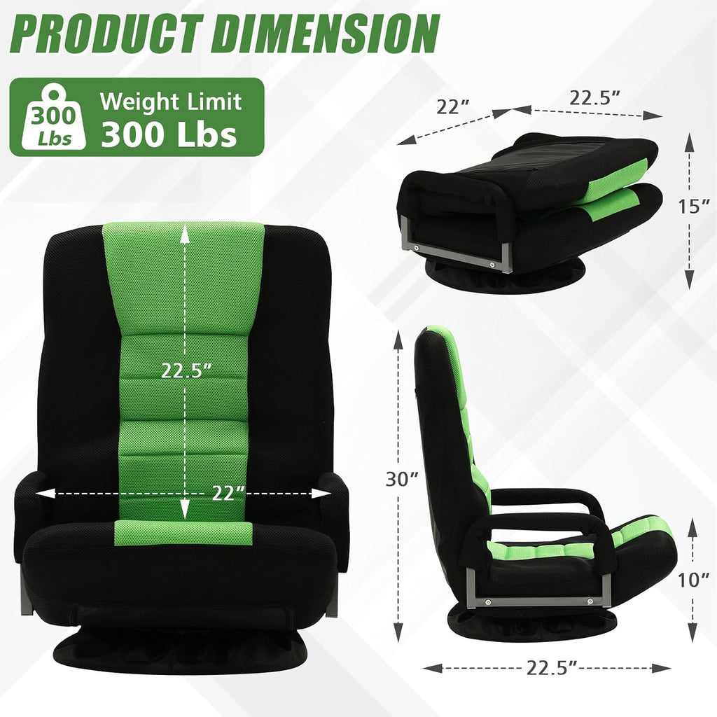 Swivel Gaming Chair Multipurpose 2PACK Floor Gaming Chair for Playing Video Games, TV, Reading w/Armrest Lumbar Support & 6 Adjustable Postion Backrest for Adults,Green